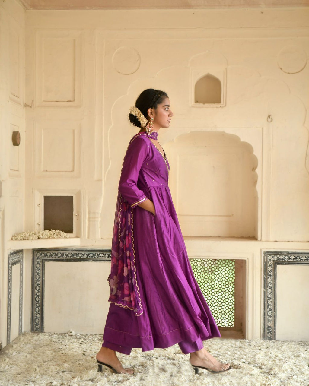 Russian Violet Kurta Set at Kamakhyaa by Taro. This item is Beads work, Chanderi Silk, Chiffon, Digital Print, Enchanted Garden, Evening Wear, Festive Wear, Fitted At Waist, Indian Wear, July Sale, July Sale 2023, Kurta Pant Sets, Kurta Set With Dupatta, Natural, Natural with azo free dyes, Purple, Sequin Work, Womenswear