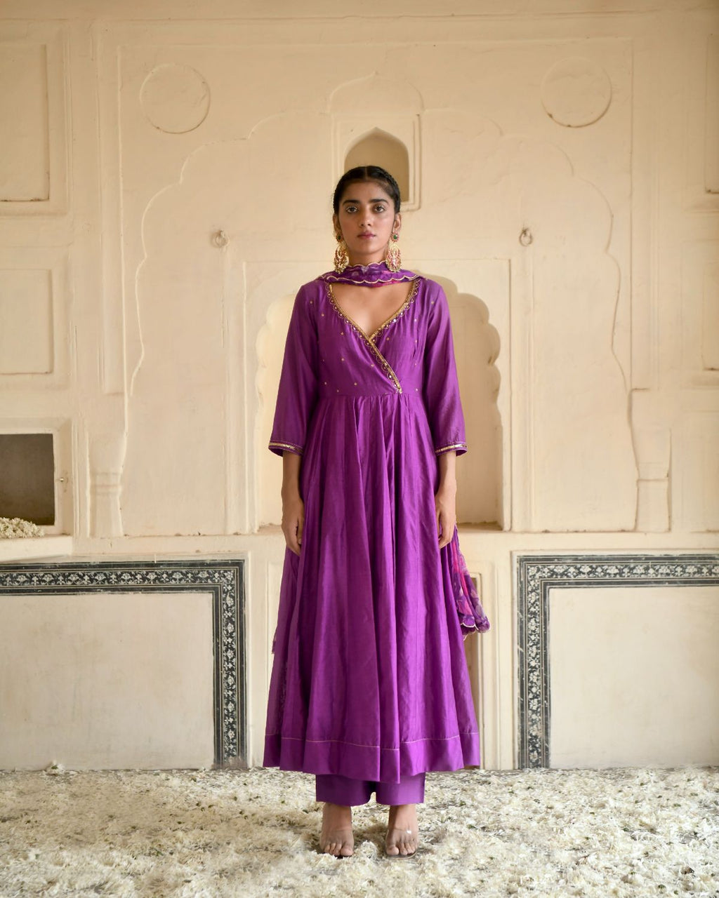 Russian Violet Kurta Set at Kamakhyaa by Taro. This item is Beads work, Chanderi Silk, Chiffon, Digital Print, Enchanted Garden, Evening Wear, Festive Wear, Fitted At Waist, Indian Wear, July Sale, July Sale 2023, Kurta Pant Sets, Kurta Set With Dupatta, Natural, Natural with azo free dyes, Purple, Sequin Work, Womenswear