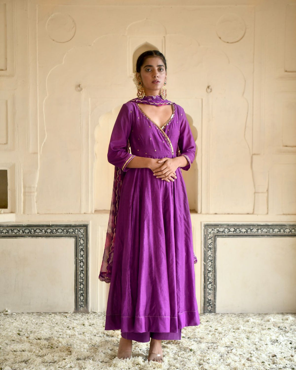 Russian Violet Kurta Set at Kamakhyaa by Taro. This item is Beads work, Chanderi Silk, Chiffon, Digital Print, Enchanted Garden, Evening Wear, Festive Wear, Fitted At Waist, Indian Wear, July Sale, July Sale 2023, Kurta Pant Sets, Kurta Set With Dupatta, Natural, Natural with azo free dyes, Purple, Sequin Work, Womenswear