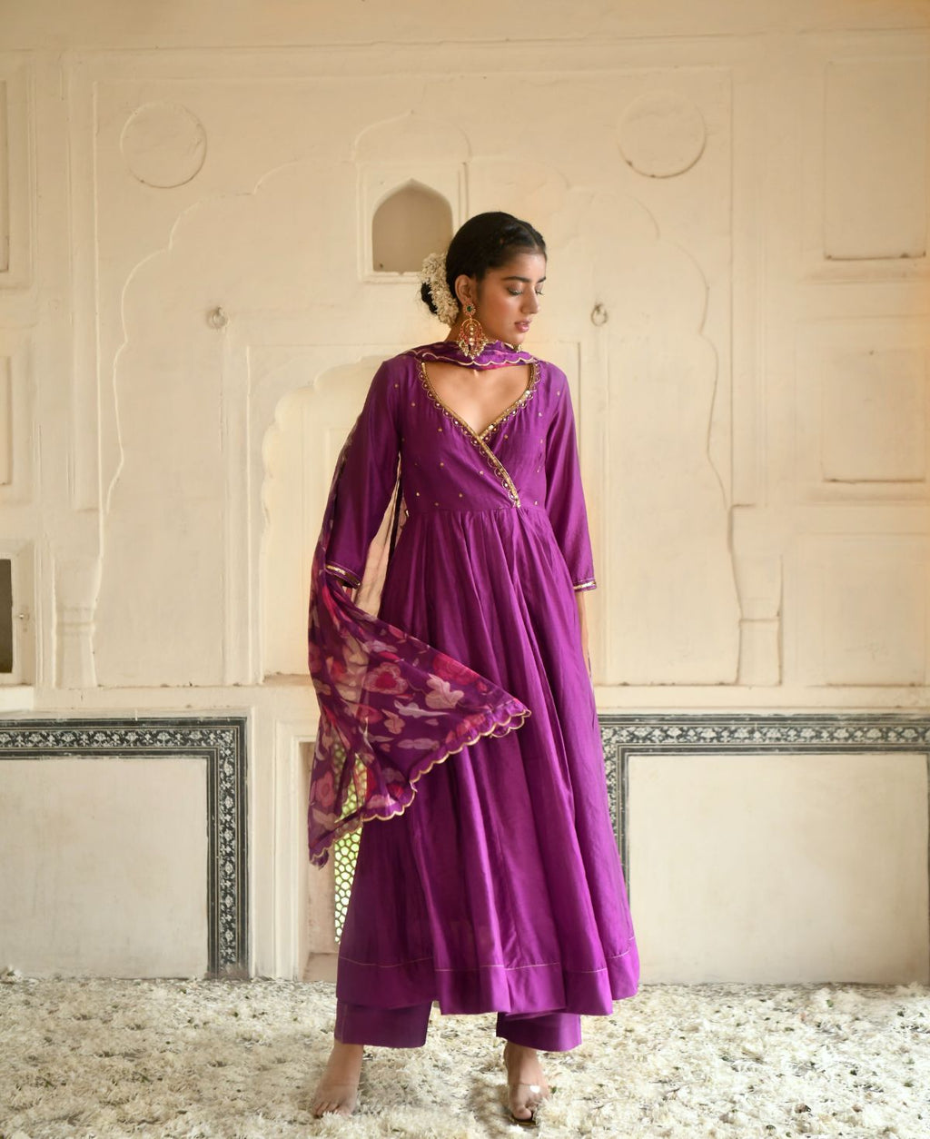 Russian Violet Kurta Set at Kamakhyaa by Taro. This item is Beads work, Chanderi Silk, Chiffon, Digital Print, Enchanted Garden, Evening Wear, Festive Wear, Fitted At Waist, Indian Wear, July Sale, July Sale 2023, Kurta Pant Sets, Kurta Set With Dupatta, Natural, Natural with azo free dyes, Purple, Sequin Work, Womenswear