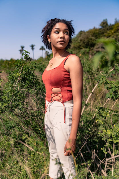 Rustic Orange Cotton Top at Kamakhyaa by Meko Studio. This item is Cotton, Deadstock Fabrics, Fall, Fusion Wear, July Sale, July Sale 2023, Orange, Sleeveless Tops, Slim Fit, Solids, Spaghettis, Tops, Verao SS-22/23, Womenswear