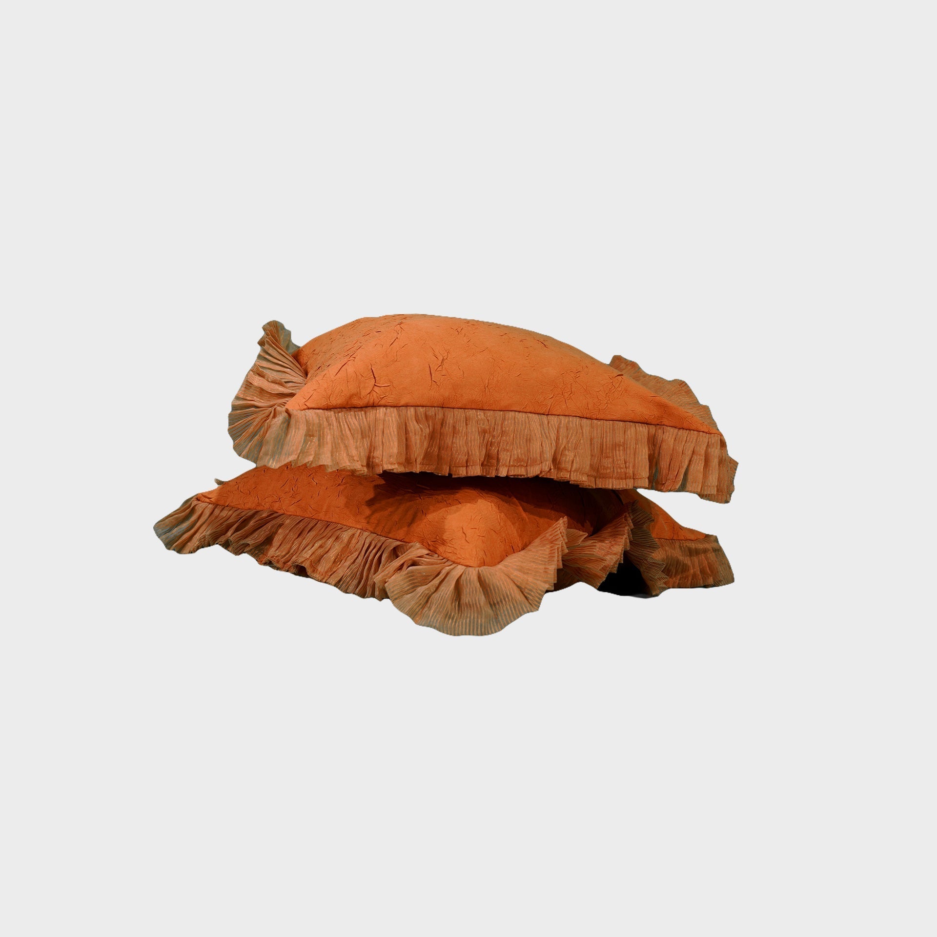 Rustic Ruffle Cushion Cover Sets at Kamakhyaa by Aetherea. This item is Cotton, Cushion, Cushion covers, Home, Orange, Plain, Ruffles, Solid, Upcycled