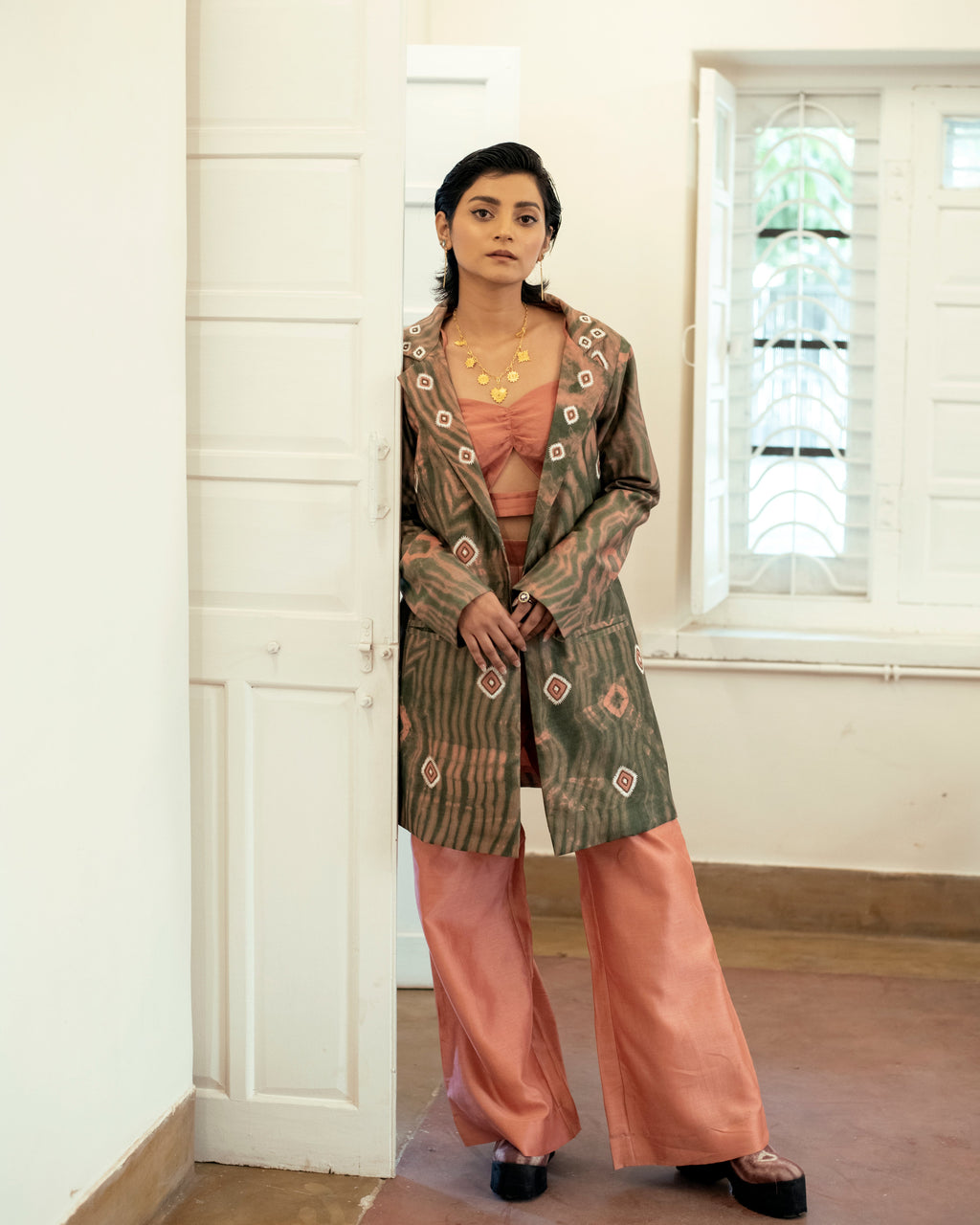 Salmon Moss Three Piece Set at Kamakhyaa by The Loom Art. This item is Casual Wear, Co-ord Sets, For Anniversary, Handwoven Chanderi Silk, July Sale, July Sale 2023, Lucid Dreams, Luicid Dream, Office, Office Wear, Office Wear Co-ords, Organic, party, Party Wear Co-ords, Pink, Relaxed Fit, Solids, Womenswear