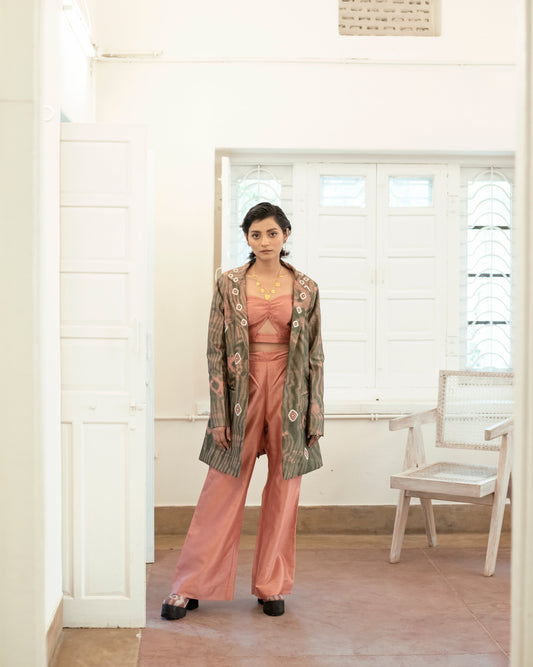 Salmon Moss Three Piece Set at Kamakhyaa by The Loom Art. This item is Casual Wear, Co-ord Sets, For Anniversary, Handwoven Chanderi Silk, July Sale, July Sale 2023, Lucid Dreams, Luicid Dream, Office, Office Wear, Office Wear Co-ords, Organic, party, Party Wear Co-ords, Pink, Relaxed Fit, Solids, Womenswear