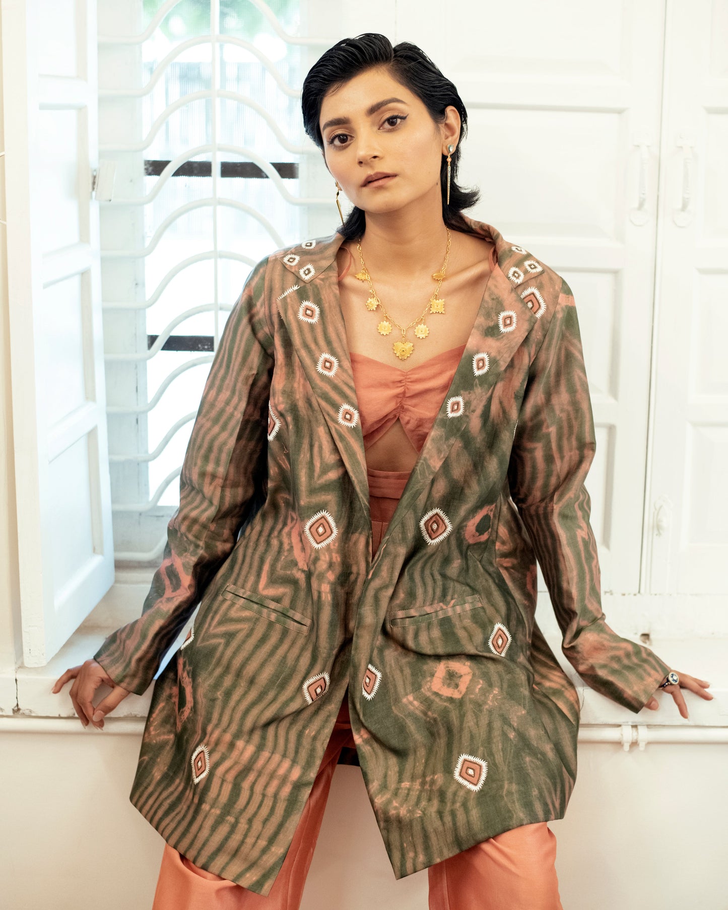 Salmon Moss Three Piece Set at Kamakhyaa by The Loom Art. This item is Casual Wear, Co-ord Sets, For Anniversary, Handwoven Chanderi Silk, July Sale, July Sale 2023, Lucid Dreams, Luicid Dream, Office, Office Wear, Office Wear Co-ords, Organic, party, Party Wear Co-ords, Pink, Relaxed Fit, Solids, Womenswear