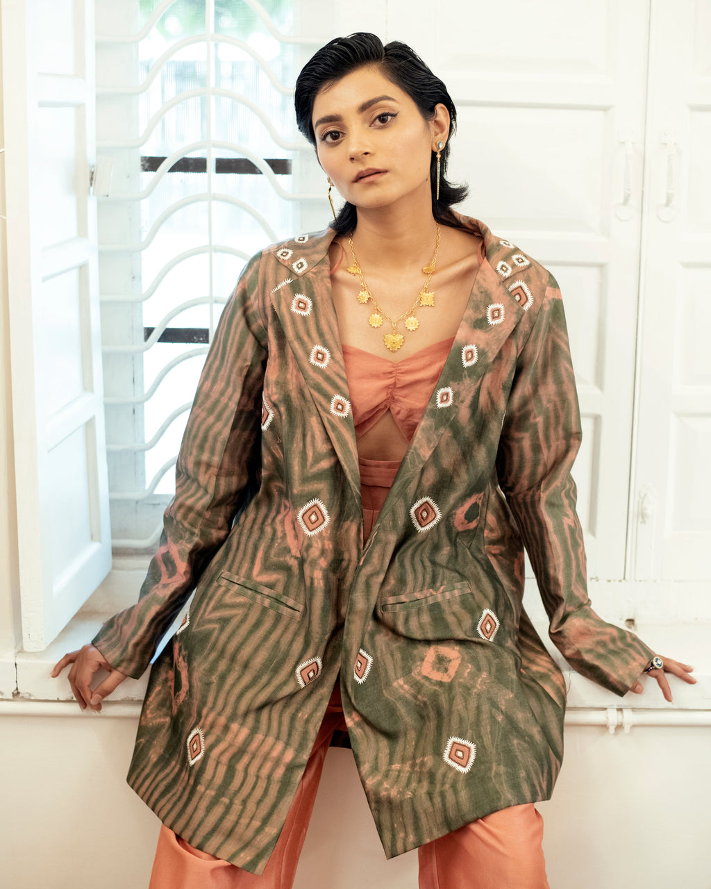 Salmon Moss Three Piece Set at Kamakhyaa by The Loom Art. This item is Casual Wear, Co-ord Sets, For Anniversary, Handwoven Chanderi Silk, July Sale, July Sale 2023, Lucid Dreams, Luicid Dream, Office, Office Wear, Office Wear Co-ords, Organic, party, Party Wear Co-ords, Pink, Relaxed Fit, Solids, Womenswear