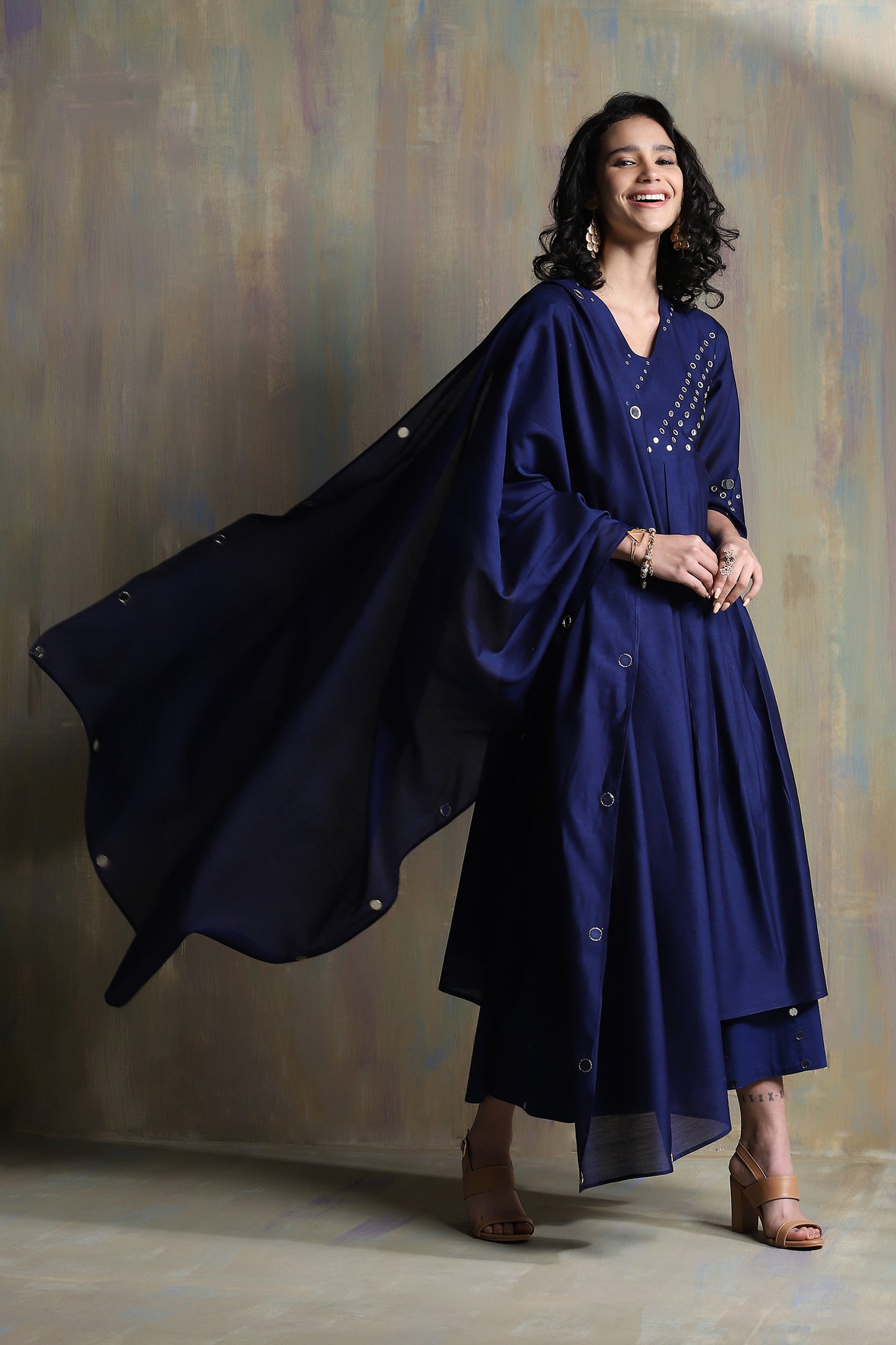 Sapphire Blue Bell Sleeves Kurta Set - Set of 3 at Kamakhyaa by Charkhee. This item is Blue, Chanderi, Cotton, Festive Wear, Indian Wear, Kurta Palazzo Sets, Kurta Set With Dupatta, Natural, Regular Fit, Solids, Womenswear