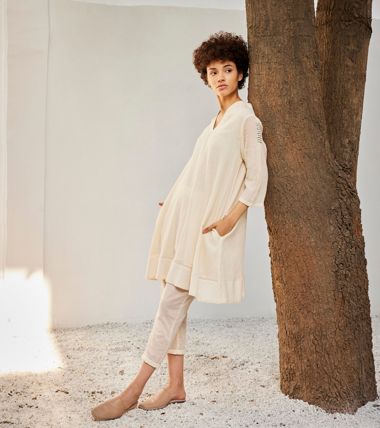 Scattered lights co-ord set at Kamakhyaa by Khara Kapas. This item is Casual Wear, Co-ord Sets, Gauge Cotton, Lounge Wear Co-ords, Oh! Sussana Spring 2023, Organic, Regular Fit, Solids, Travel Co-ords, White, Womenswear