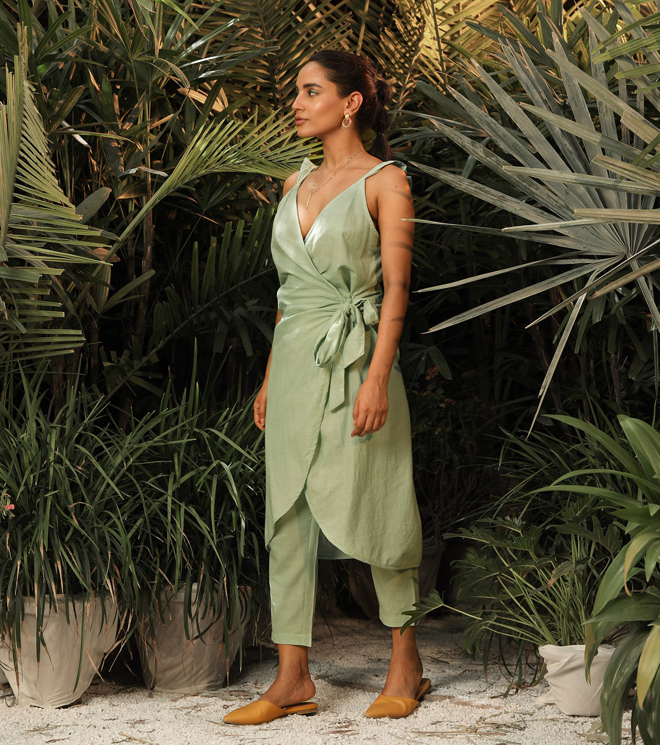 Sea Green Two Piece Set at Kamakhyaa by Khara Kapas. This item is Co-ord Sets, Green, Lost In paradise, Mul Cotton, Natural, Relaxed Fit, Resort Wear, Solid Selfmade, Solids, Vacation, Vacation Co-ords, Womenswear