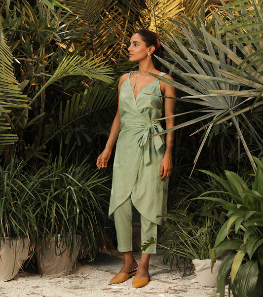 Sea Green Two Piece Set at Kamakhyaa by Khara Kapas. This item is Co-ord Sets, Green, Lost In paradise, Mul Cotton, Natural, Relaxed Fit, Resort Wear, Solid Selfmade, Solids, Vacation, Vacation Co-ords, Womenswear