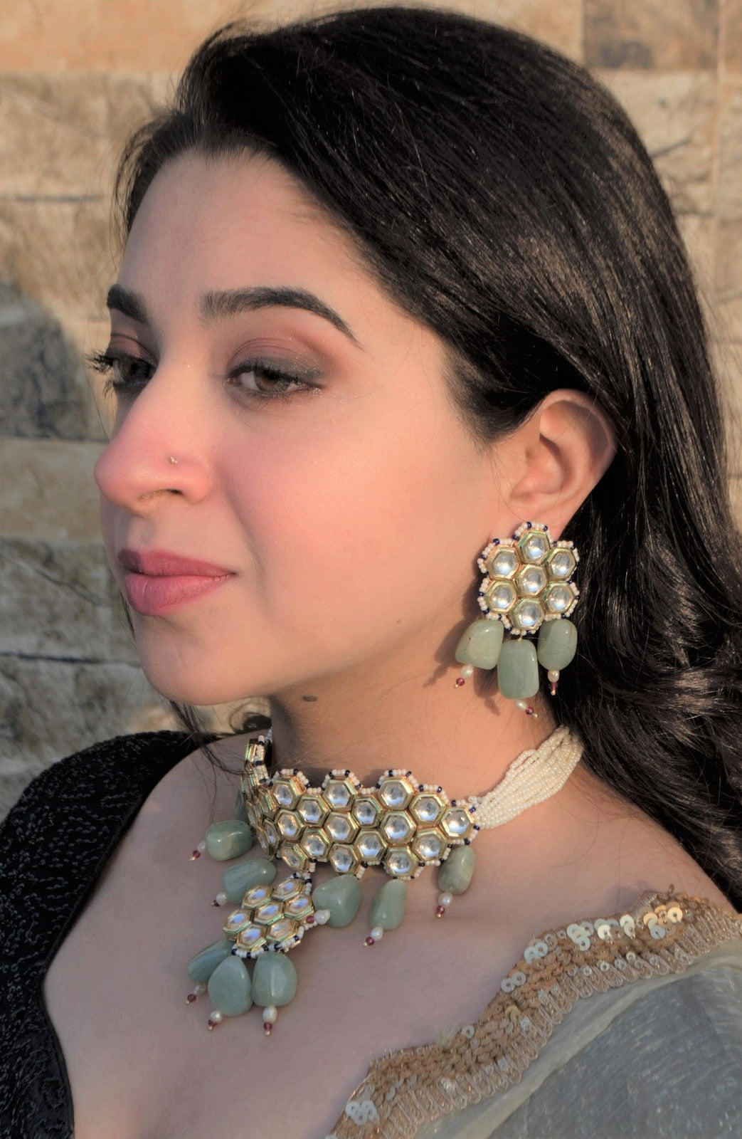 Sea-green Choker Set Tumble Polki at Kamakhyaa by House Of Heer. This item is Alloy Metal, Festive Jewellery, Festive Wear, Free Size, jewelry, Jewelry Sets, July Sale, July Sale 2023, Natural, Necklaces, Pearl, Polkis, Solids