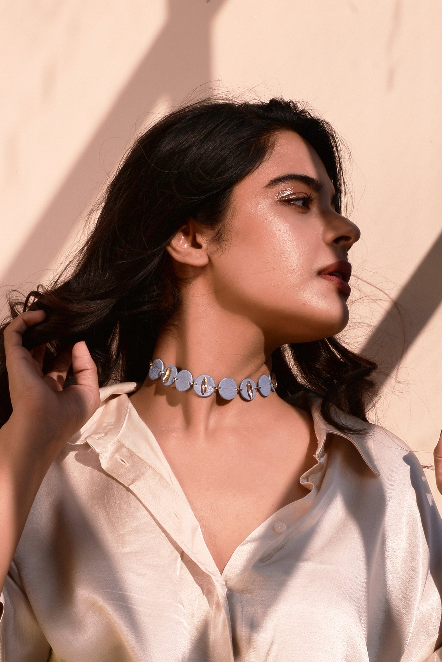 Sequa Neckpiece at Kamakhyaa by Noupelle. This item is Blue, Casual Wear, Choker, Free Size, jewelry, Less than $50, Natural, Necklaces, Upcycled, Upcycled leather