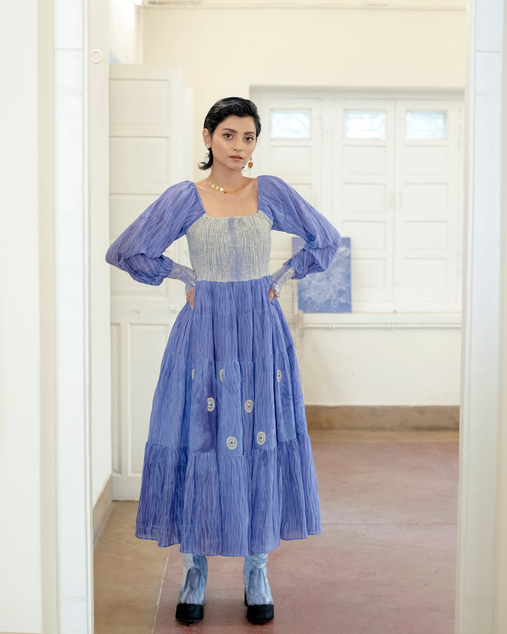 Serene Dream at Kamakhyaa by The Loom Art. This item is Casual Wear, Embroidered, Handwoven Cotton Silk, July Sale, July Sale 2023, Lucid Dreams, Luicid Dream, Organic, Purple, Tiered Dresses, Womenswear