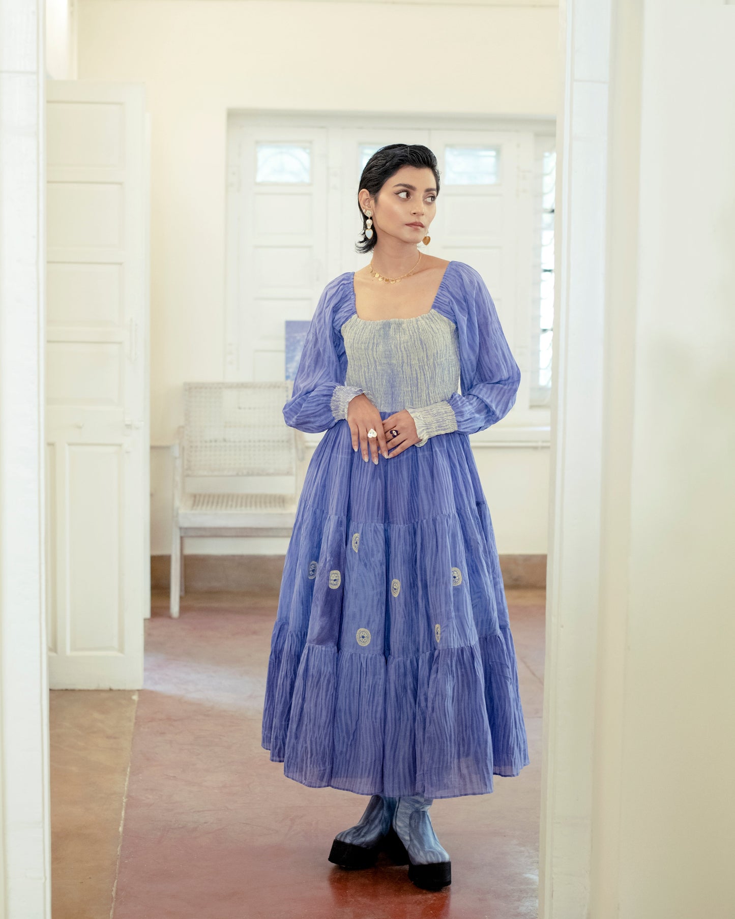 Serene Dream at Kamakhyaa by The Loom Art. This item is Casual Wear, Embroidered, Handwoven Cotton Silk, July Sale, July Sale 2023, Lucid Dreams, Luicid Dream, Organic, Purple, Tiered Dresses, Womenswear