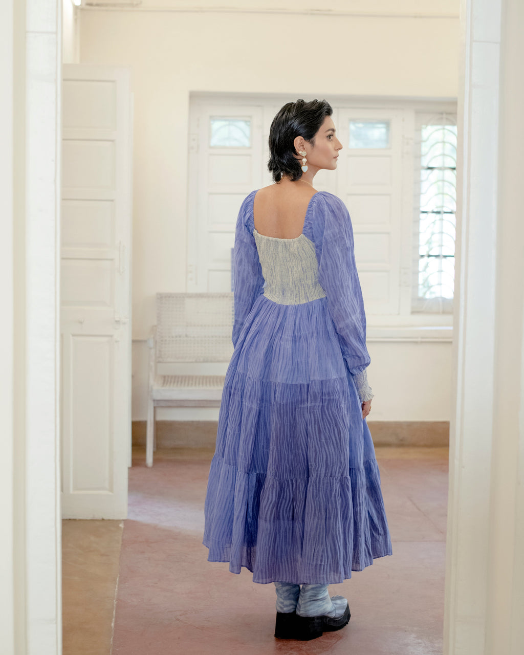 Serene Dream at Kamakhyaa by The Loom Art. This item is Casual Wear, Embroidered, Handwoven Cotton Silk, July Sale, July Sale 2023, Lucid Dreams, Luicid Dream, Organic, Purple, Tiered Dresses, Womenswear