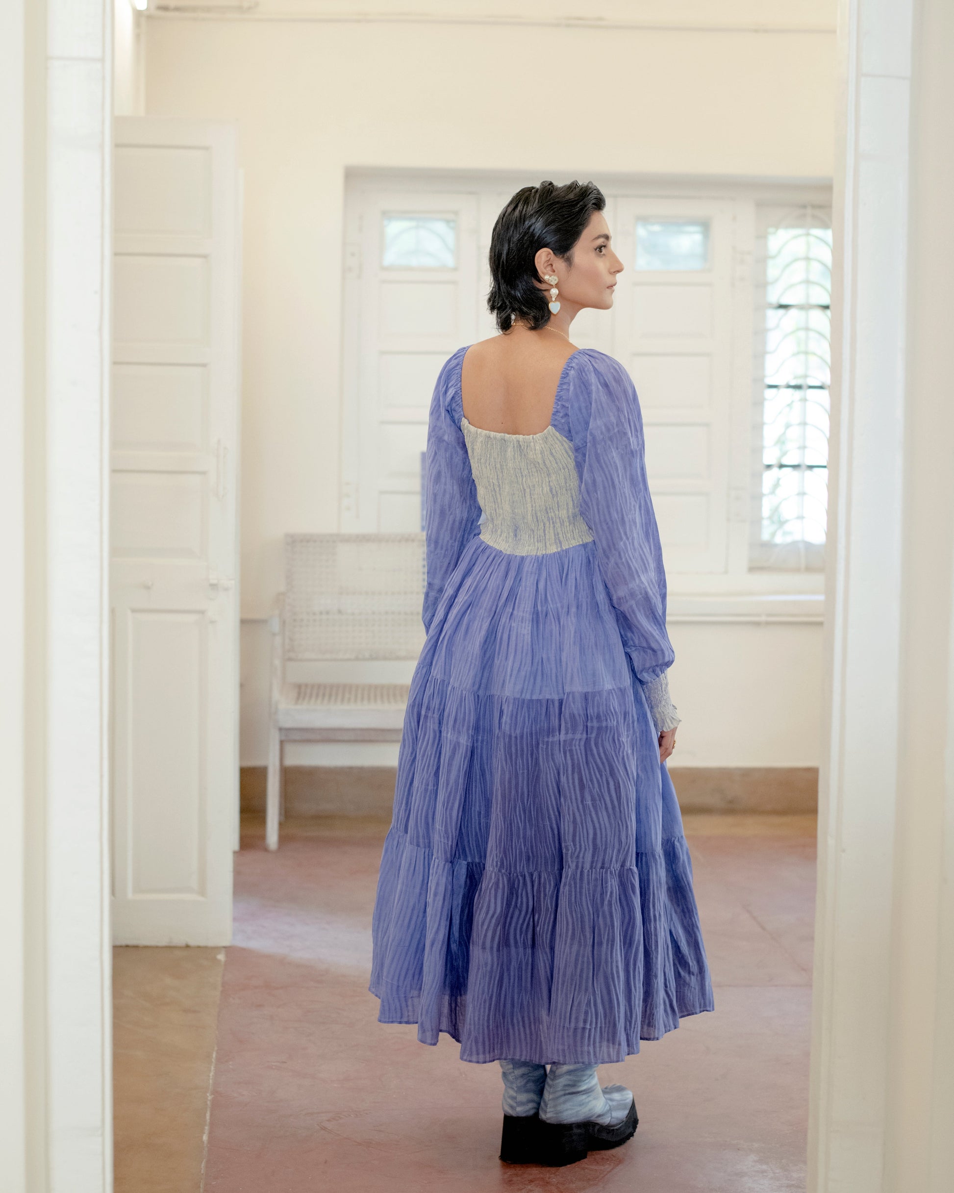 Serene Dream at Kamakhyaa by The Loom Art. This item is Casual Wear, Embroidered, Handwoven Cotton Silk, July Sale, July Sale 2023, Lucid Dreams, Luicid Dream, Organic, Purple, Tiered Dresses, Womenswear