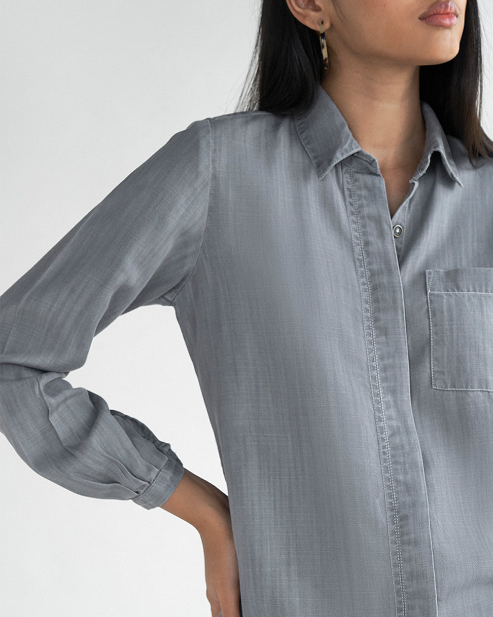 Shades of Everyday Grey Shirt at Kamakhyaa by Reistor. This item is Casual Wear, Denim, Grey, Natural, Solids, Tencel, Tops, Tunic Tops, Womenswear