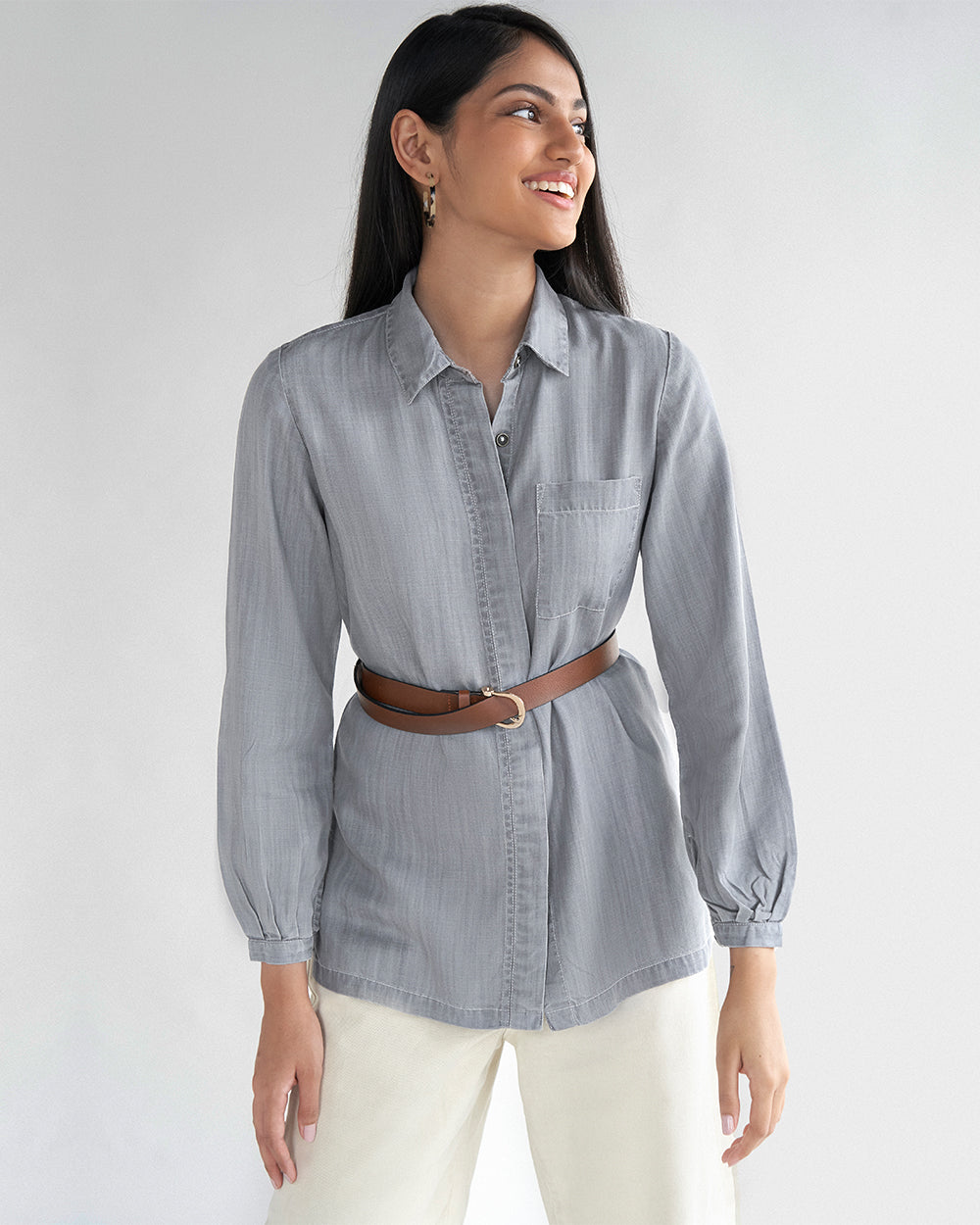 Shades of Everyday Grey Shirt at Kamakhyaa by Reistor. This item is Casual Wear, Denim, Grey, Natural, Solids, Tencel, Tops, Tunic Tops, Womenswear