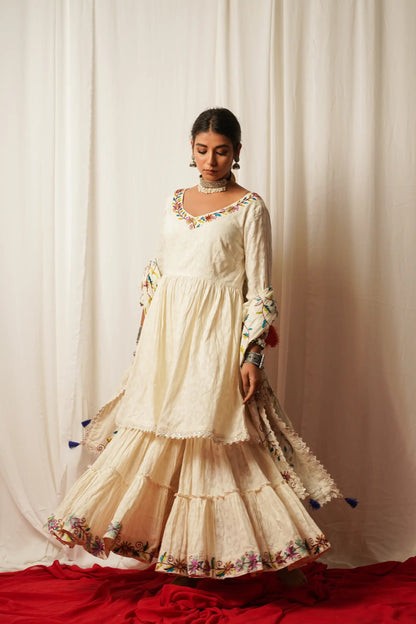 Sharara - Set Of Two at Kamakhyaa by Keva. This item is Best Selling, Cotton Lurex, Embroidered, Indian Wear, Natural, Relaxed Fit, Resort Wear, Sharara Sets, Shararas, Tatriz, Wedding Gifts, White, Womenswear