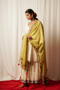Sharara Set With Green Duppata - Set Of Three at Kamakhyaa by Keva. This item is Best Selling, Cotton Lurex, Embroidered, Green, Indian Wear, Natural, Relaxed Fit, Resort Wear, Sharara Sets, Shararas, Tatriz, Wedding Gifts, White, Womenswear