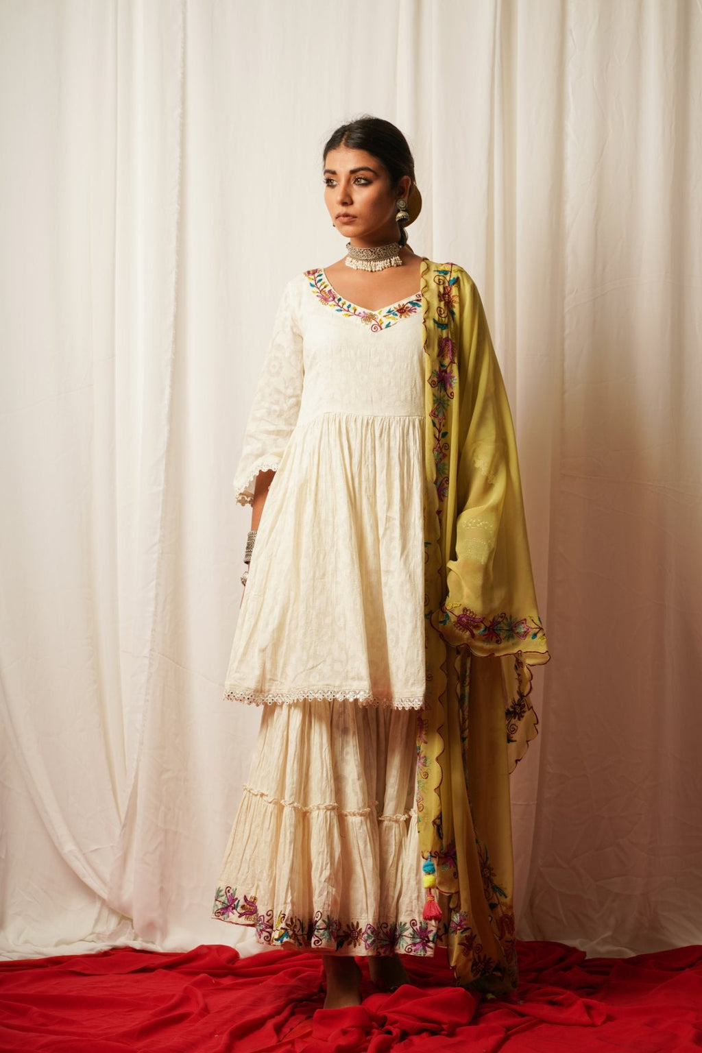 Sharara Set With Green Duppata - Set Of Three at Kamakhyaa by Keva. This item is Best Selling, Cotton Lurex, Embroidered, Green, Indian Wear, Natural, Relaxed Fit, Resort Wear, Sharara Sets, Shararas, Tatriz, Wedding Gifts, White, Womenswear