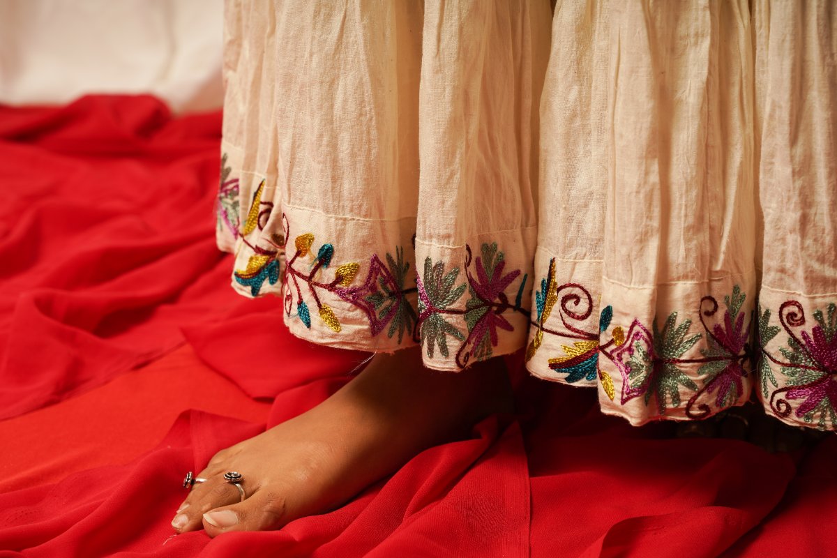 Sharara Set With Green Duppata - Set Of Three at Kamakhyaa by Keva. This item is Best Selling, Cotton Lurex, Embroidered, Green, Indian Wear, Natural, Relaxed Fit, Resort Wear, Sharara Sets, Shararas, Tatriz, Wedding Gifts, White, Womenswear