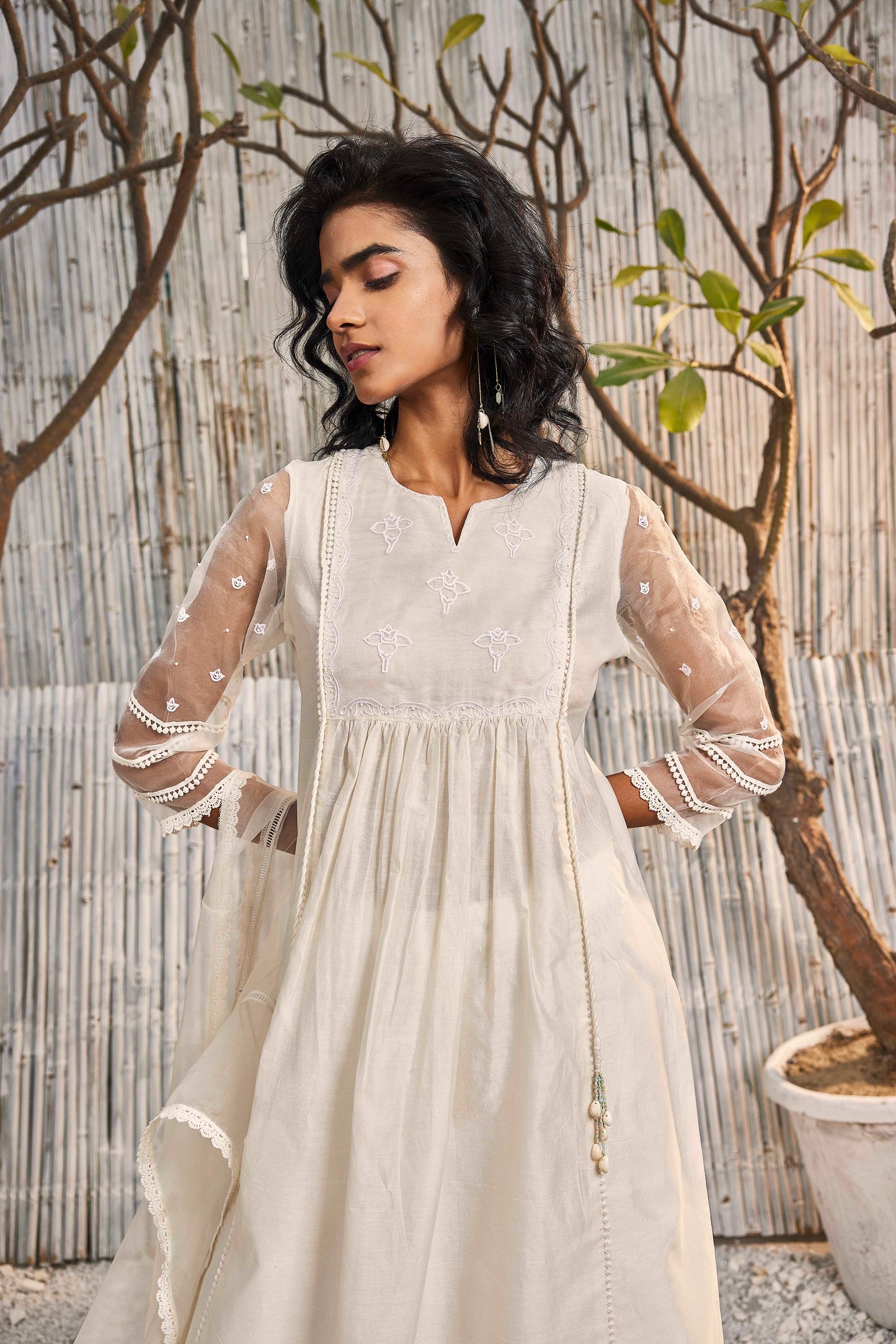 Shell White Chanderi Gathered Kurta with Pant - Set of 2 at Kamakhyaa by Charkhee. This item is Cotton, Cotton Satin, Dobby Cotton, Festive Wear, Indian Wear, Kurta Pant Sets, Natural, Organza, Regular Fit, Shores 23, Solids, Wedding Gifts, White, Womenswear