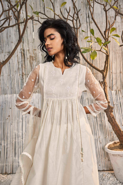 Shell White Chanderi Gathered Kurta with Pant - Set of 2 at Kamakhyaa by Charkhee. This item is Cotton, Cotton Satin, Dobby Cotton, Festive Wear, Indian Wear, Kurta Pant Sets, Natural, Organza, Regular Fit, Shores 23, Solids, Wedding Gifts, White, Womenswear