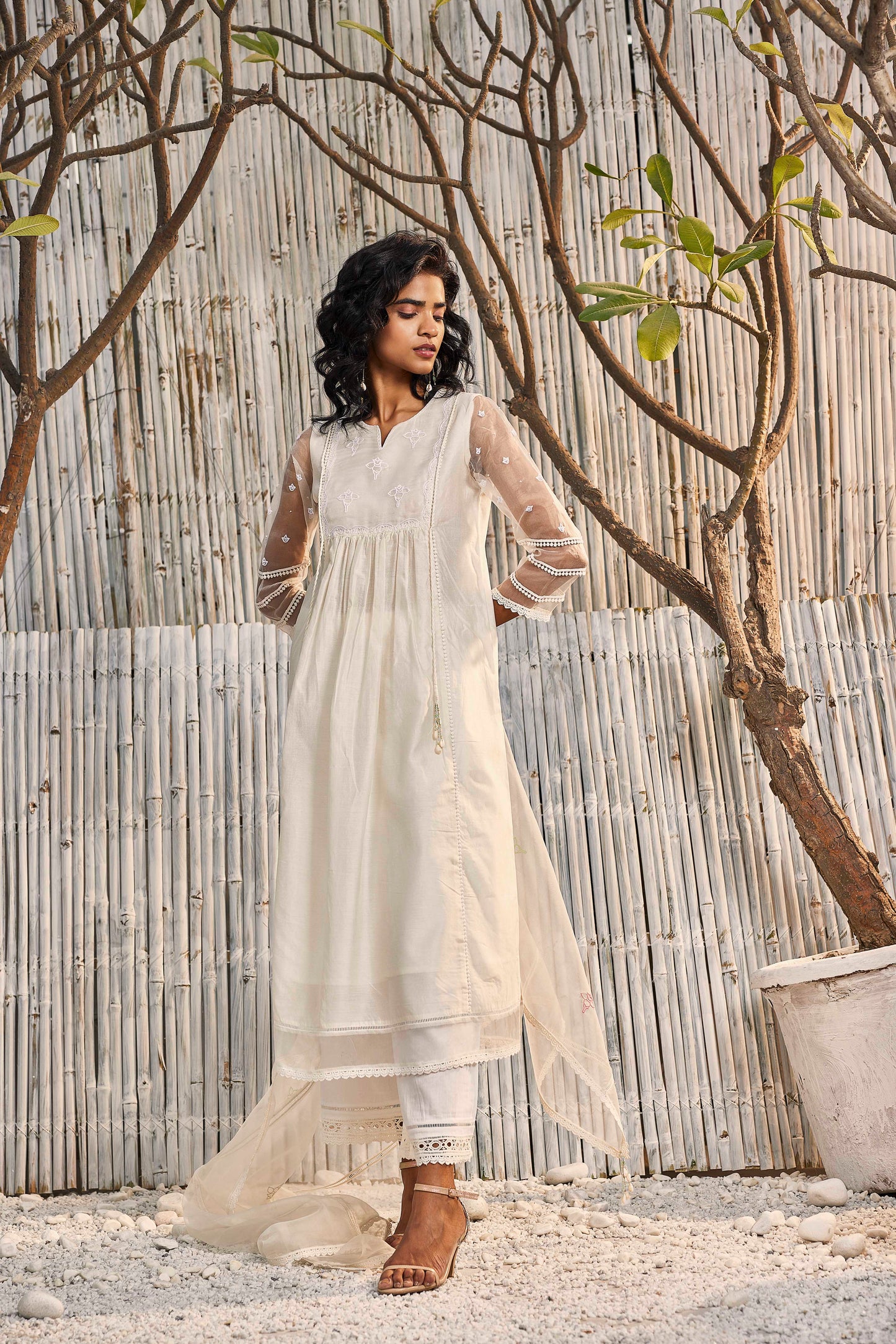 Shell White Chanderi Gathered Kurta with Pant - Set of 2 at Kamakhyaa by Charkhee. This item is Cotton, Cotton Satin, Dobby Cotton, Festive Wear, Indian Wear, Kurta Pant Sets, Natural, Organza, Regular Fit, Shores 23, Solids, Wedding Gifts, White, Womenswear