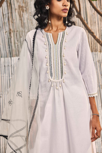 Shell White Cotton Straight Kurta with Pant - Set of 3 at Kamakhyaa by Charkhee. This item is Cotton, Cotton Satin, Dobby Cotton, Festive Wear, Indian Wear, Kurta Pant Sets, Kurta Set With Dupatta, Natural, Off-white, Organza, Regular Fit, Shores 23, Textured, Wedding Gifts, Womenswear