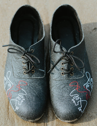 Shoes-Charcoal Black, Casual Wear, Embroidered, Faux leather, Natural, Recycled, Shoes, Upcycled Rubber Tyres Kamakhyaa