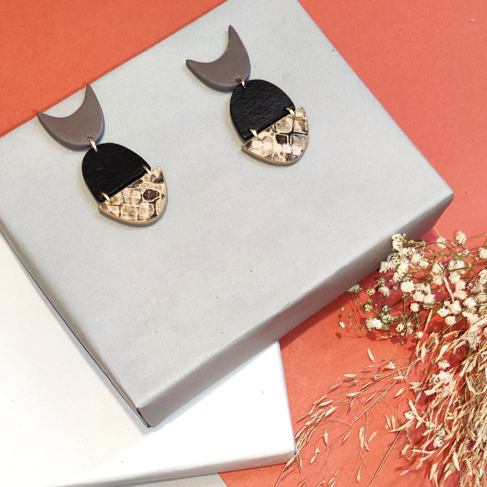 Short Earrings Lune- Black at Kamakhyaa by Noupelle. This item is Casual Wear, Fashion Jewellery, Free Size, jewelry, Less than $50, Multicolor, Natural, Products less than $25, Short Earrings, Upcycled, Upcycled leather