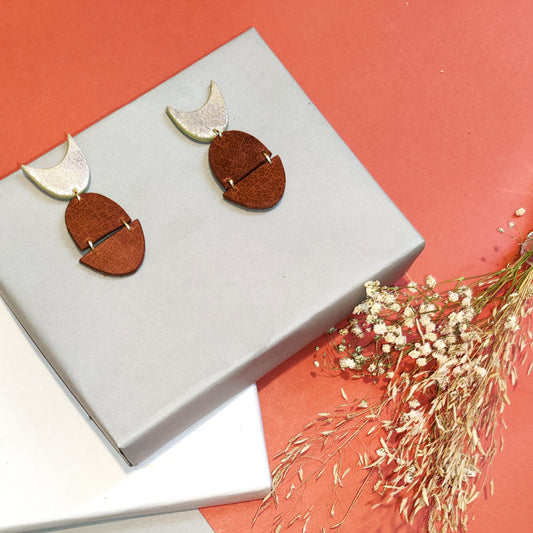 Short Earrings Lune- Tan at Kamakhyaa by Noupelle. This item is Brown, Casual Wear, Fashion Jewellery, Free Size, jewelry, Less than $50, Natural, Products less than $25, Short Earrings, Upcycled, Upcycled leather