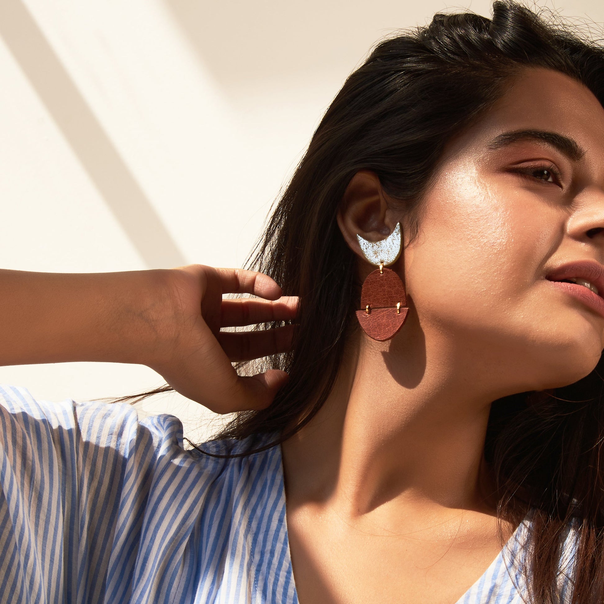 Short Earrings Lune- Tan at Kamakhyaa by Noupelle. This item is Brown, Casual Wear, Fashion Jewellery, Free Size, jewelry, Less than $50, Natural, Products less than $25, Short Earrings, Upcycled, Upcycled leather