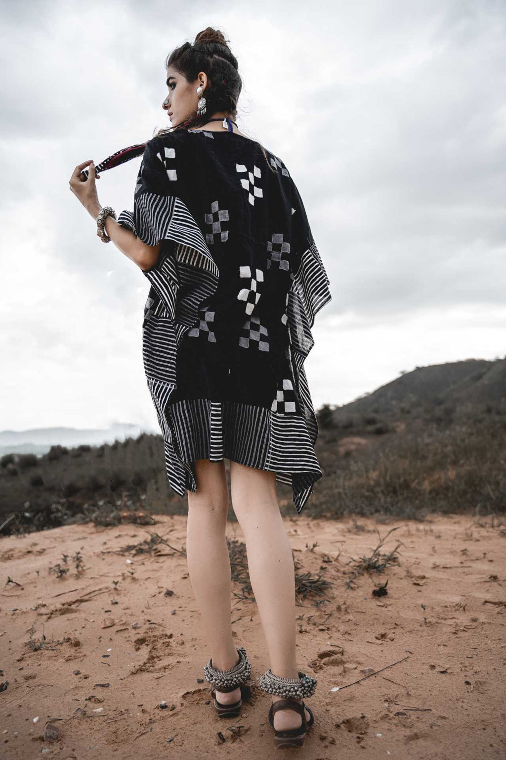 Short Kaftan Dress at Kamakhyaa by Keva. This item is Best Selling, Black, Block Prints, Cotton, Kaftans, Mini Dresses, Natural, Relaxed Fit, Resort Wear, Wild Child, Womenswear