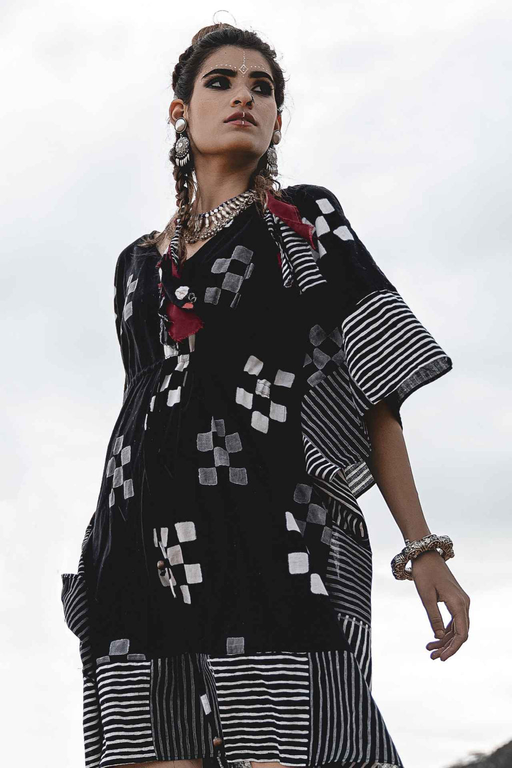 Short Kaftan Dress at Kamakhyaa by Keva. This item is Best Selling, Black, Block Prints, Cotton, Kaftans, Mini Dresses, Natural, Relaxed Fit, Resort Wear, Wild Child, Womenswear