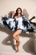 Short, Top And Cape Set of Three at Kamakhyaa by Keva. This item is Black, Co-ord Sets, Day Dream, Lounge Wear Co-ords, Natural, Rayon, Relaxed Fit, Resort Wear, Short Sets, Tie & Dye, Vacation Co-ords, White, Womenswear
