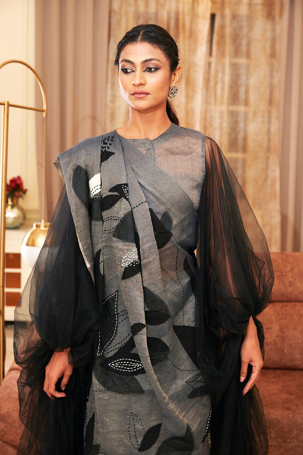 Silver And Black Chanderi Silk Saree Set at Kamakhyaa by Chambray & Co.. This item is Black, Chambray & Co, Chanderi Silk, Embroidered, Indian Wear, Natural, Party Wear, Regular Fit, Sarees, Silver, Taabir, Womenswear