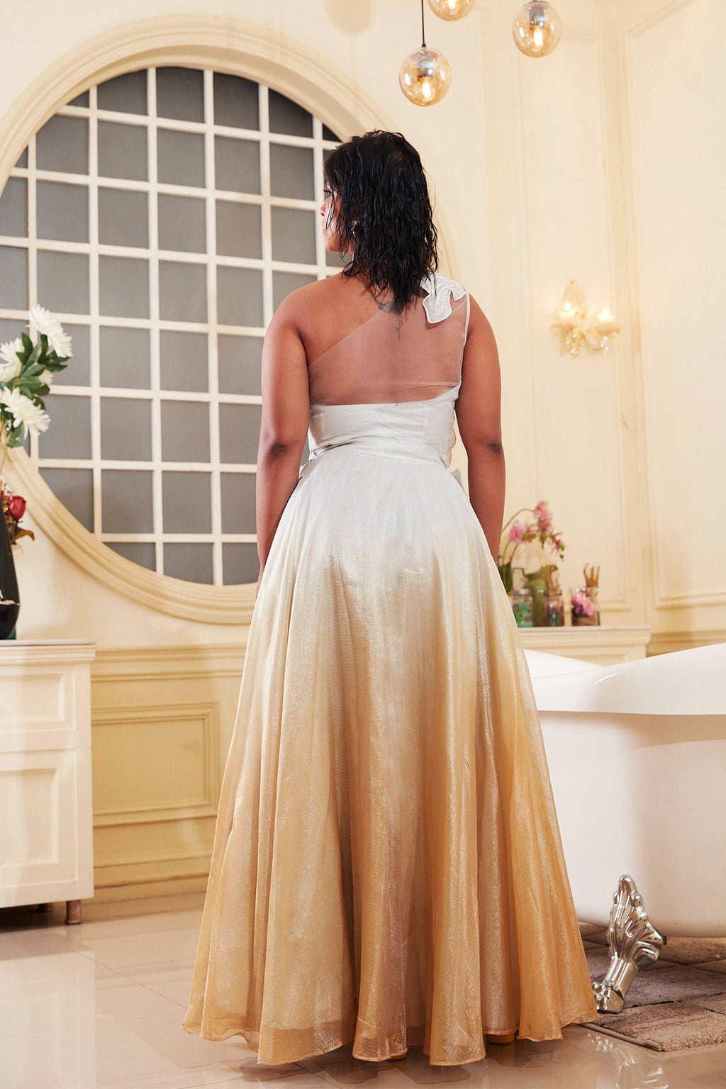 Silver And Gold Ombre Lehenga at Kamakhyaa by Chambray & Co.. This item is Chambray & Co, Embroidered, Indian Wear, Lehenga Sets, Natural, Organza, Party Wear, Regular Fit, Silver, Taabir, Womenswear