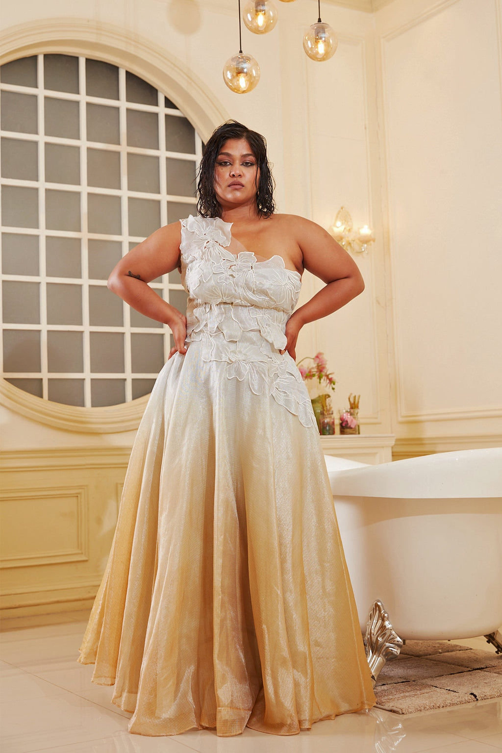 Silver And Gold Ombre Lehenga at Kamakhyaa by Chambray & Co.. This item is Chambray & Co, Embroidered, Indian Wear, Lehenga Sets, Natural, Organza, Party Wear, Regular Fit, Silver, Taabir, Womenswear