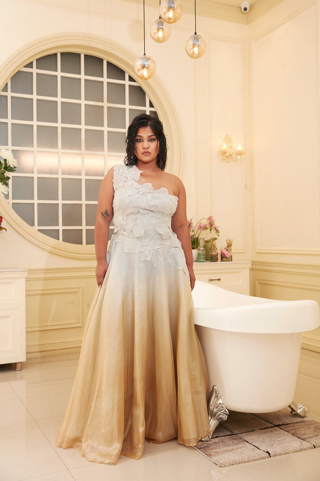 Silver And Gold Ombre Lehenga at Kamakhyaa by Chambray & Co.. This item is Chambray & Co, Embroidered, Indian Wear, Lehenga Sets, Natural, Organza, Party Wear, Regular Fit, Silver, Taabir, Womenswear