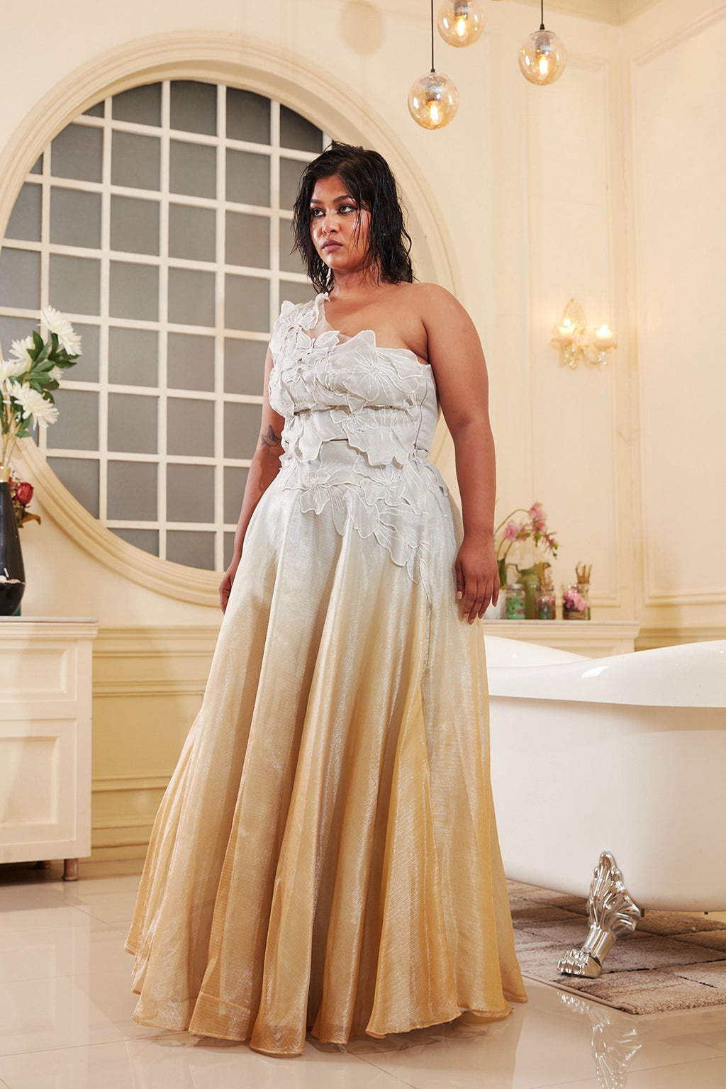 Silver And Gold Ombre Lehenga at Kamakhyaa by Chambray & Co.. This item is Chambray & Co, Embroidered, Indian Wear, Lehenga Sets, Natural, Organza, Party Wear, Regular Fit, Silver, Taabir, Womenswear