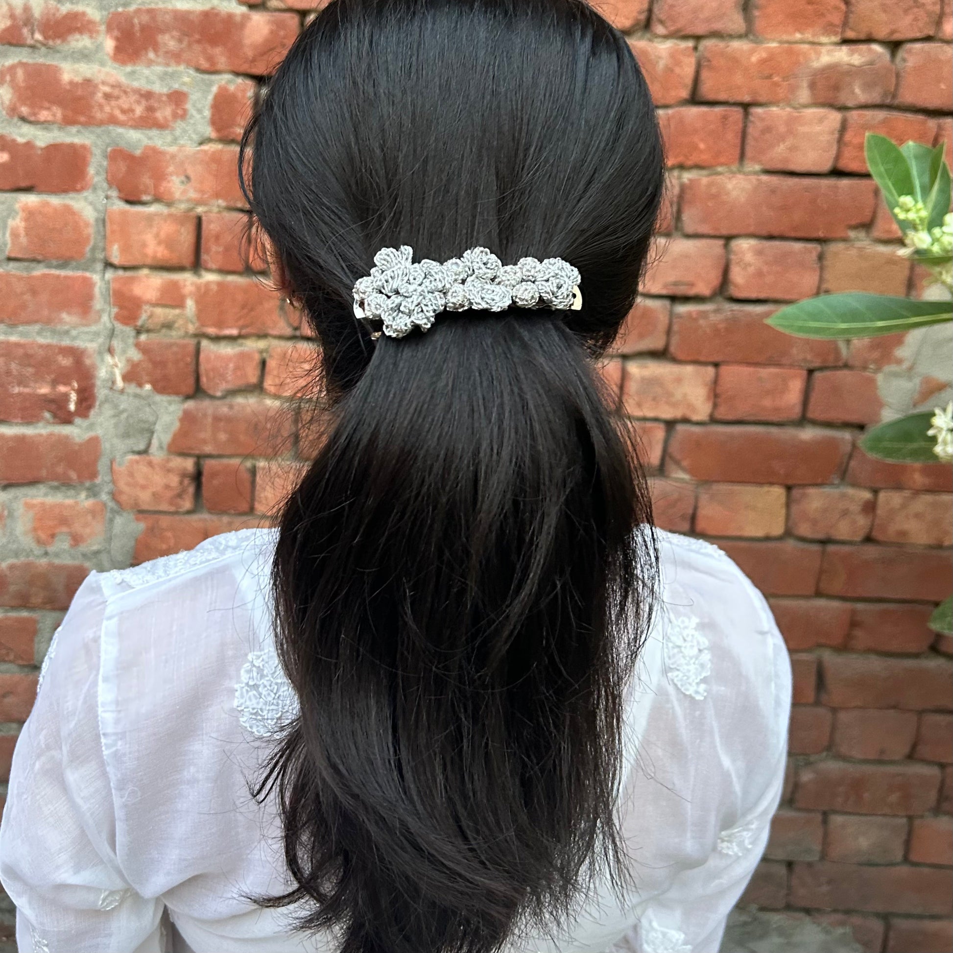 Silver Crochet Hair Clip at Kamakhyaa by Ikriit'm. This item is Accessories, Cotton yarn, Crochet, Free Size, Hair Accessories, Ikriit'm, Natural, Silver
