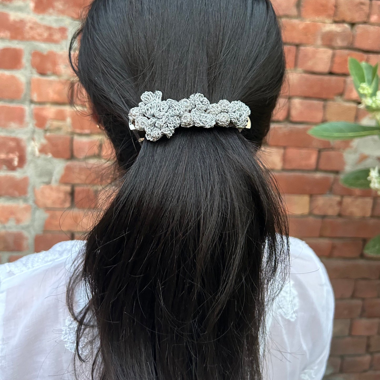 Silver Crochet Hair Clip at Kamakhyaa by Ikriit'm. This item is Accessories, Cotton yarn, Crochet, Free Size, Hair Accessories, Ikriit'm, Natural, Silver