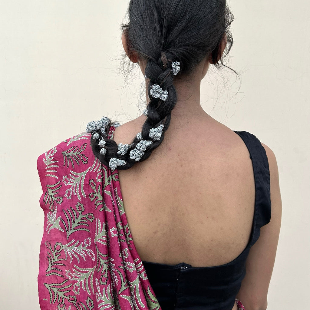 Silver Crochet Hair Parandi at Kamakhyaa by Ikriit'm. This item is Accessories, Cotton yarn, Crochet, Free Size, Hair Accessories, Ikriit'm, Natural, Silver