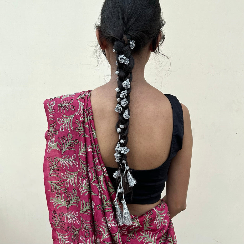 Silver Crochet Hair Parandi at Kamakhyaa by Ikriit'm. This item is Accessories, Cotton yarn, Crochet, Free Size, Hair Accessories, Ikriit'm, Natural, Silver