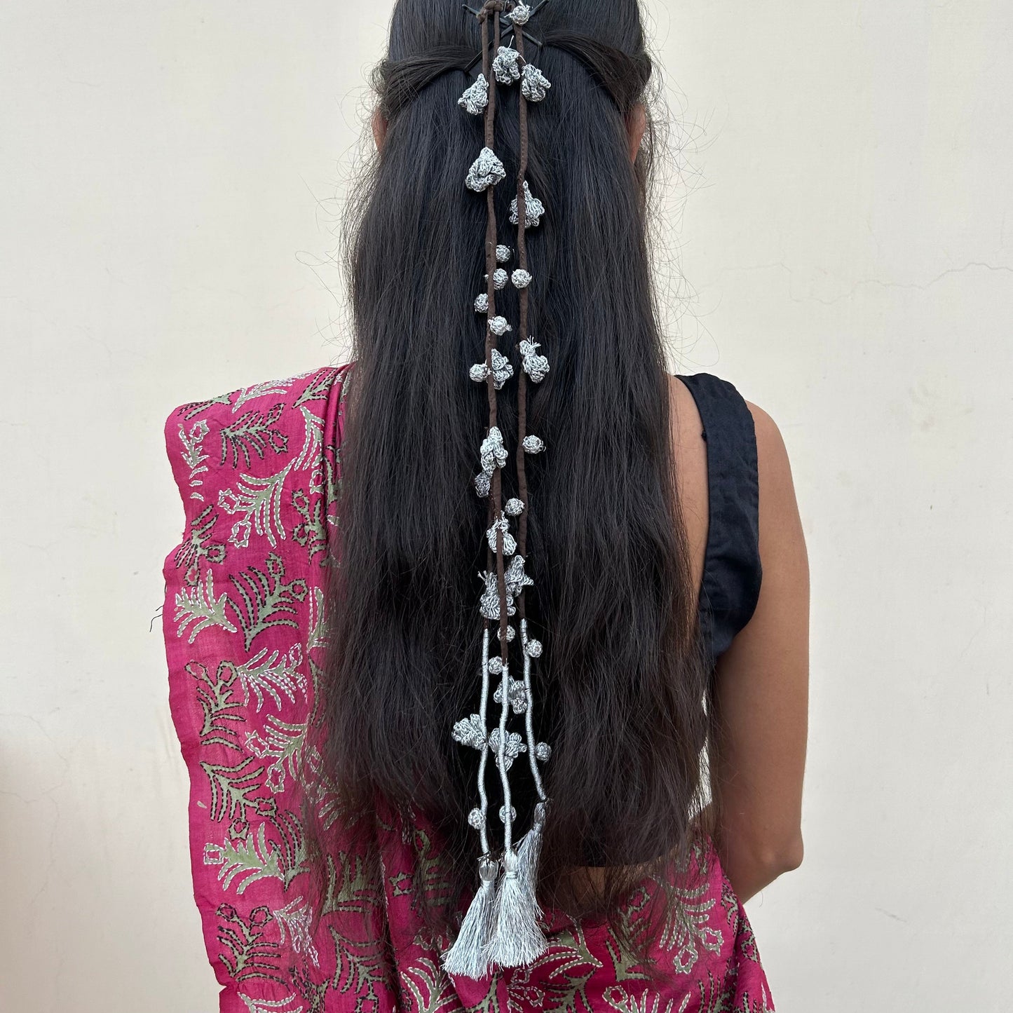 Silver Crochet Hair Parandi at Kamakhyaa by Ikriit'm. This item is Accessories, Cotton yarn, Crochet, Free Size, Hair Accessories, Ikriit'm, Natural, Silver