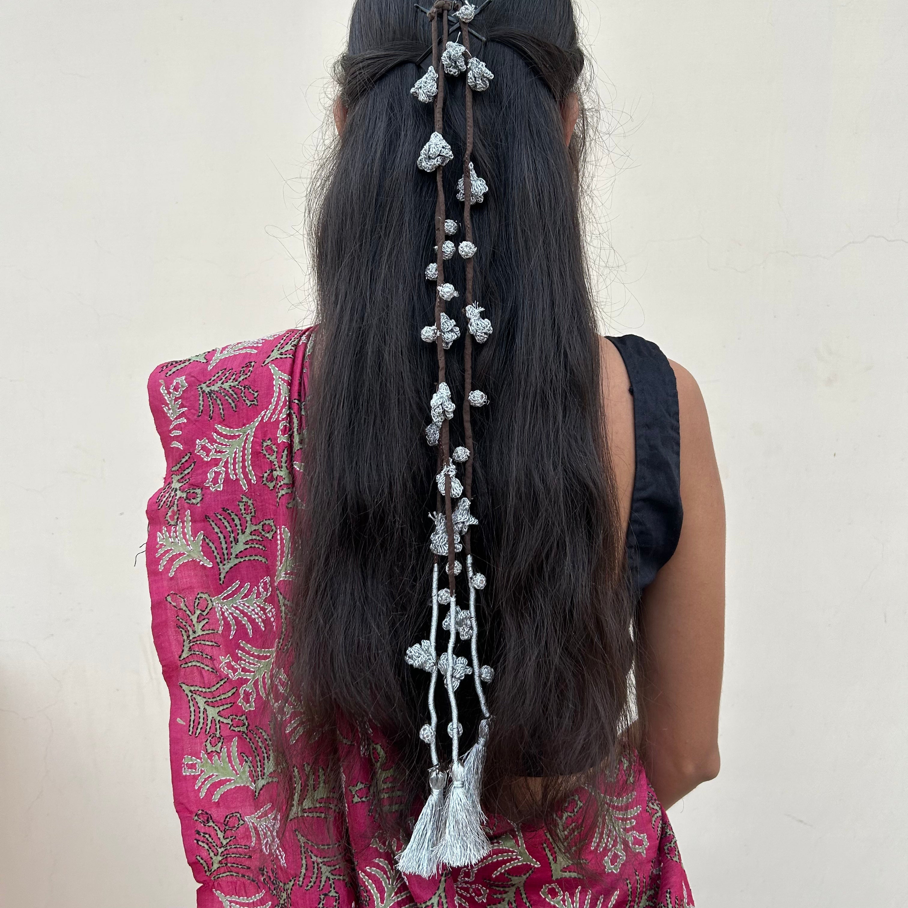 Silver Crochet Hair Parandi at Kamakhyaa by Ikriit'm. This item is Accessories, Cotton yarn, Crochet, Free Size, Hair Accessories, Ikriit'm, Natural, Silver