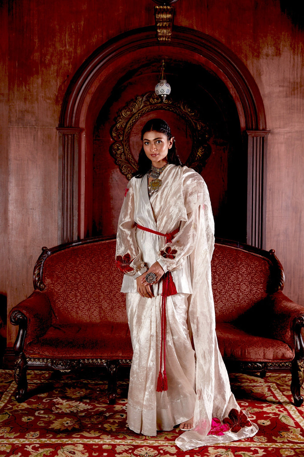 Silver Hand Embroidered Silk Saree With Belt Jacket at Kamakhyaa by Chambray & Co.. This item is Chambray & Co, Embroidered, Indian Wear, Natural, Party Wear, Regular Fit, Riwayat, Sarees, Silk, Silver, Womenswear