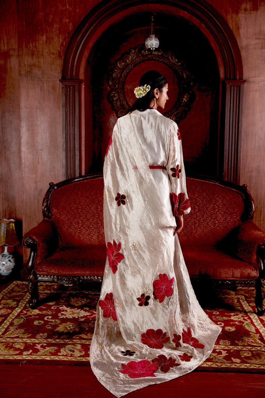 Silver Hand Embroidered Silk Saree With Belt Jacket at Kamakhyaa by Chambray & Co.. This item is Chambray & Co, Embroidered, Indian Wear, Natural, Party Wear, Regular Fit, Riwayat, Sarees, Silk, Silver, Womenswear